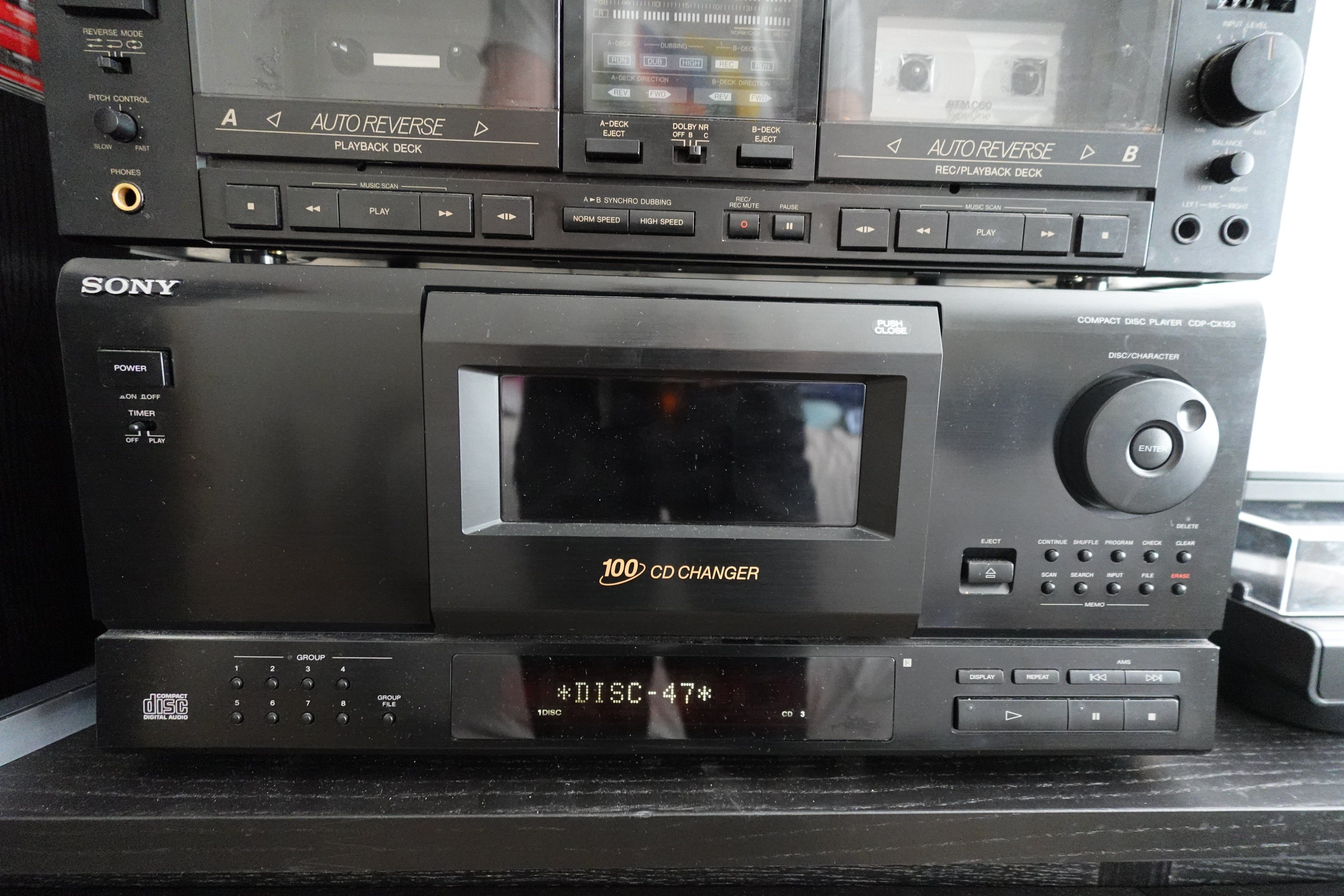 My Sony CDP-CX153 as seen from the front, under my cassette deck.