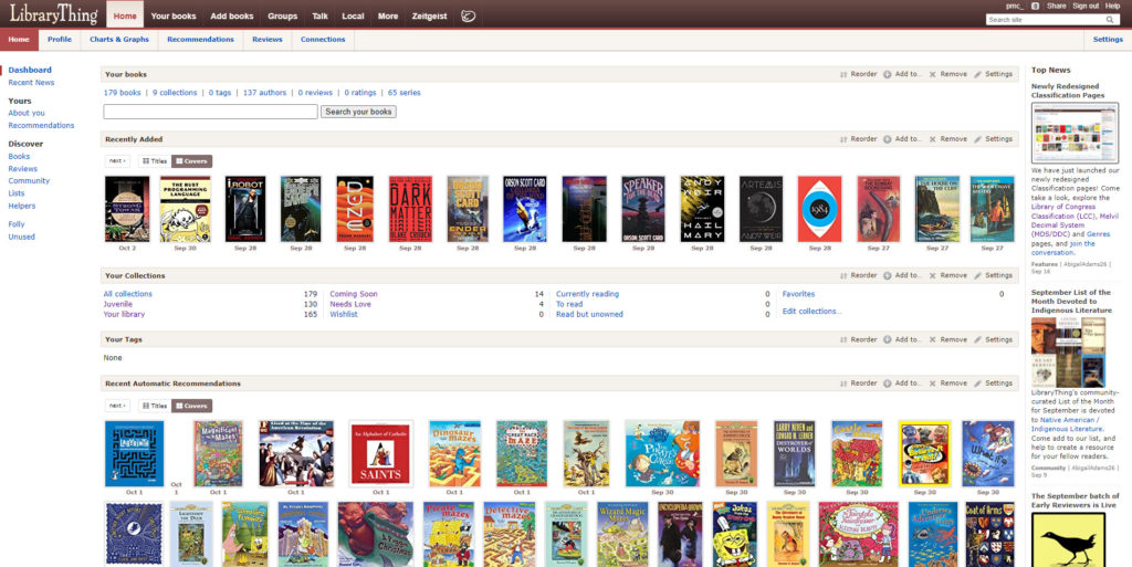 A screenshot of librarything.com/home with me logged in, showing my catalog and recommendations for me